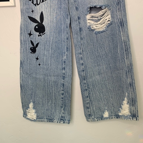 Pacsun Light Blue Distressed Wide Leg Playboy Bunny Graphic Jeans Size 25 - Picture 4 of 15
